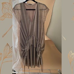 Zara taupe v neck gathered front dress